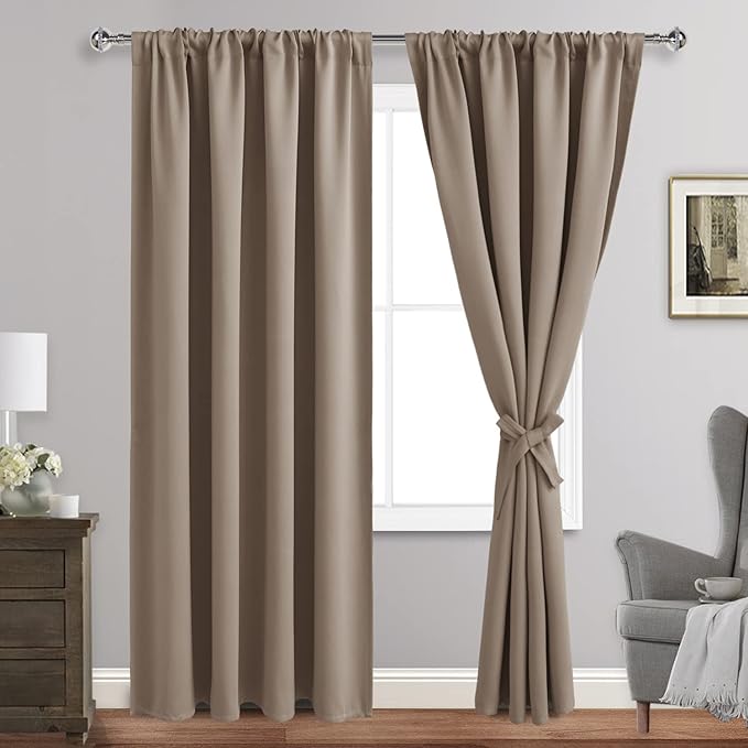 JIUZHEN Blackout Curtains for Bedroom - Thermal Insulated Room Darkening Noise Reducing, 52 x 84 Inch Length Curtains for Living Room, Set of 2 Panels with Tiebacks, Camel