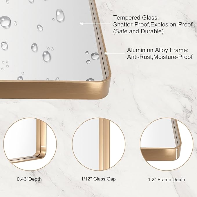 LOAAO 40”X36” Gold Bathroom Mirror, Rounded Rectangle Gold Frame Mirror, Brushed Gold Bathroom Vanity Mirror Wall-Mounted, Anti-Rust, Tempered Glass, Hangs Horizontally or Vertically