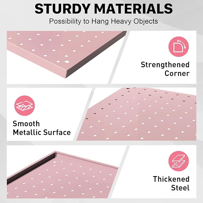 Peg Board, 3 Pack Metal Pegboard Panels Pink Pegboards Wall Organizer with Frame Large Heavy Duty Peg Board with Hooks for Walls Home, Garage Tool Storage, Office, Craft Room, Kitchen 24”×16”