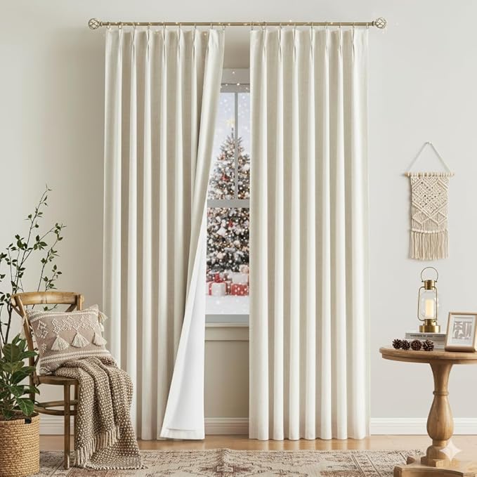 Vision Home Natural Pinch Pleated Full Blackout Curtains Linen Blended Room Darkening Window Curtains 112 inch for Living Room Bedroom Thermal Insulated Pinch Pleat Drapes with Hooks 40" Wx112 Lx2