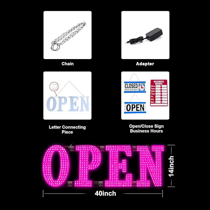 31"x11" Large LED Open Signs for Business Super Bright Unique Design Pink Open Sign with Hanging Installation for Window Stores Bar Hotel Retail Shops Salon Restaurant Office Pink
