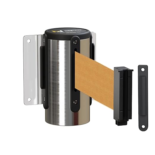 Montour Line WM115 Wall Mounted Retractable Belt Barrier with Standard Belt End, Fixed Mount, Polished Stainless Steel Casing (8.5 ft Brown Belt)