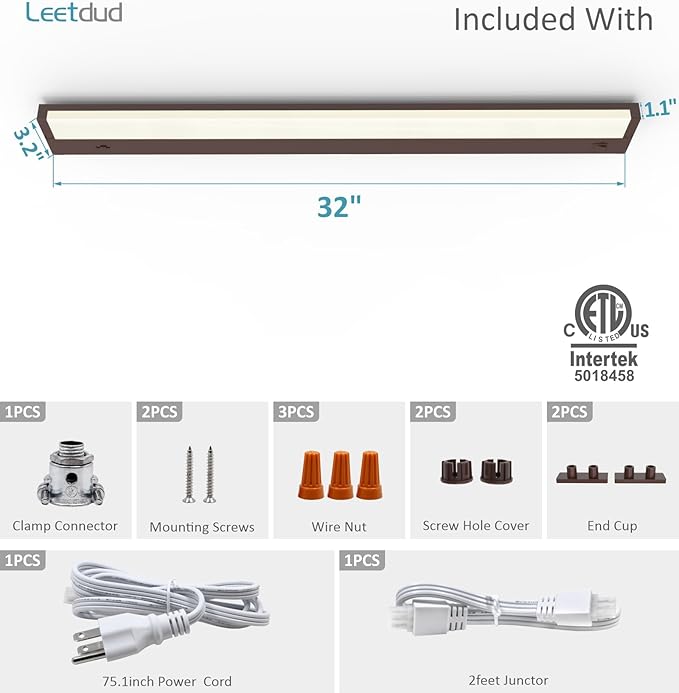 LED Under Cabinet Lighting Hardwired or Plug in, 32 Inch 16W, Dimmable 5 Color 2700K/3000K/3500K/4000K/5000K, Linkable Eyes Care Design Counter Lights for Kitchen, Sink, ETL Listed, Bronze