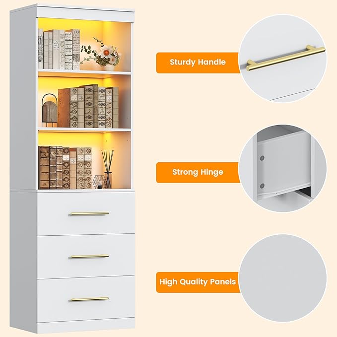 Winkalon 71“H White Bookshelf with LED Light, Bookcase and Bookshelf with Drawers, Tall Bookcase Tall Storage Cabinet 3-Tier Open Shelves for Home Office Living Room Bedroom, 15.8"D x 23.6"W x 70.9"H