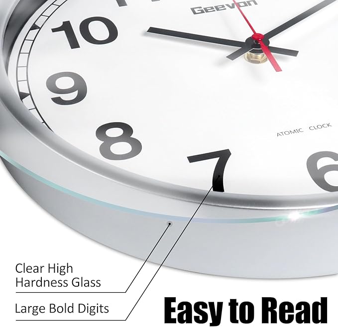 Geevon 14 Inch Atomic Wall Clock - Self-Setting Analog Clock with Automatic Time Sync - Battery Operated for Home Office School - Silver Frame