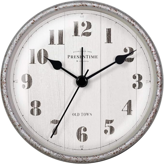 Presentime & Co 4" Farmhouse Tabletop Alarm Mantel Clock, Desk and Shelf Clock, Silent no Ticking, Light Grey Oak and Rusted Galvanized Finish. Tabletop Décor, Home Décor, Farmhouse Décor