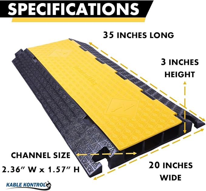 Kable Kontrol Atlas Cable Protector Wire Ramp - 3 Channel - 1 Pc - 35” Long Black & Yellow - 24000 Lbs Load Capacity - Rubber Speed Bump Wire Protector Cord Cover - CP9973