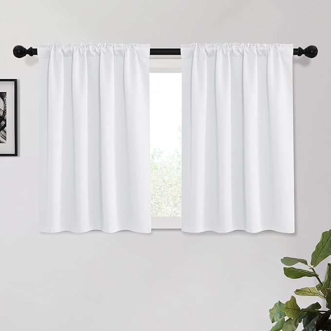 KGORGE White Kitchen Curtains 45 inch Length, Privacy Room Darkening Drapes Thermal Insulation Noise Reducing Curtains for Kids Room, Back Tab Rod Pocket, W34 x L45 inches, 2 Panels