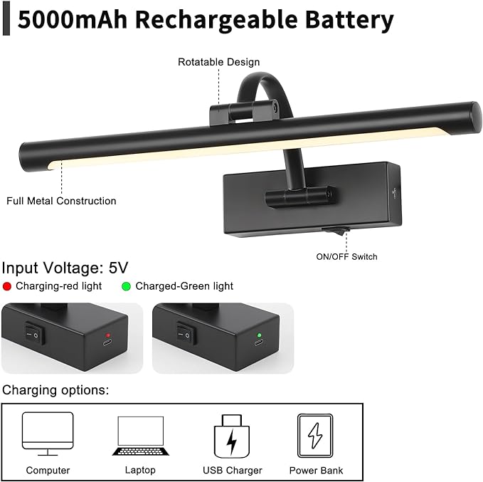 Picture Lights Battery Operated with Remote and Dimmable Function, Rechargeable Gallery Light Black Art Light Wireless Painting Lights 16'' Inch for Display, Portrait, Artwork, Warm White