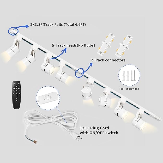 Plug in Track Lighting with Power Cord, 8-Light LED Track Lighting Kit with 6.6FT H Type Track Lighting Rails, Modern Kitchen LED Track Lighting Fixtures Ceiling Spot Light, White