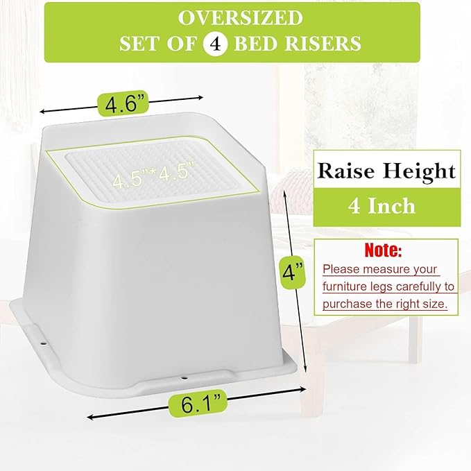 Bed Risers 1 inch, 2 inch, 3 inch, 4 inch, 6 inch, 8 inch Heavy Duty, Oversized Furniture Riser for Couch Sofa Table Chair Leg Frame Dorm, Support up to 6000 Lbs (White 8 Pack, 4 inch)