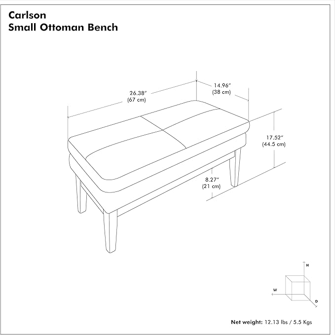 SIMPLIHOME Carlson Small Ottoman Bench - 27 inch Wide Upholstered Woven Fabric Rectangle Ottoman in Distressed Black, Mid Century Modern Bench for Bedroom or Living Room with Padded Seat