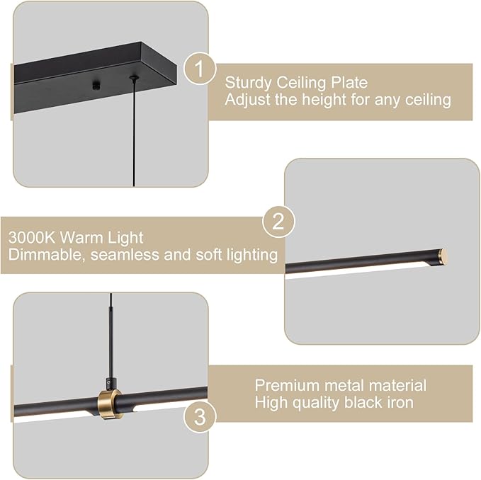 EDISLIVE Modern LED Dimmable Linear Pendant Lighting Dimmable LED Chandelier 47.24 in Adjustable Linear Hanging Light Fixture 3000K 20W Island Light for Dinning Room Kitchen，Black