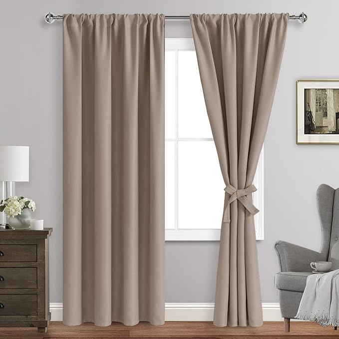 JIUZHEN Blackout Curtains for Bedroom - Thermal Insulated Room Darkening Noise Reducing, 42 x 84 Inch Length Curtains for Living Room, Set of 2 Panels with Tiebacks, Camel