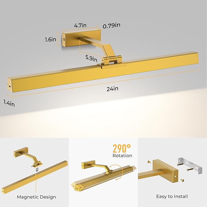 Picture Lights for Wall, 2PCS 24in Battery Operated Picture Light for Paintings CCT Dimmable Recharging Battery Wall Lamp with Remote Control for Living Room Gallery Dartboard Gold Color