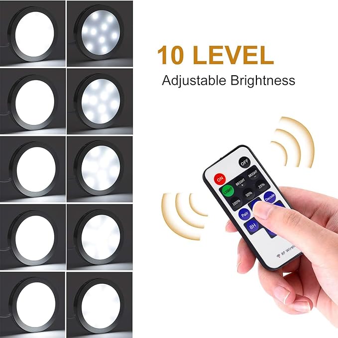 AIBOO Linkable LED Under Cabinet Lights 12V Slim Aluminum Dimmable Puck Lights with RF Remote Control & ETL Listed Power Adapter for Accent Display Lighting (4 Lights,Daylight White)