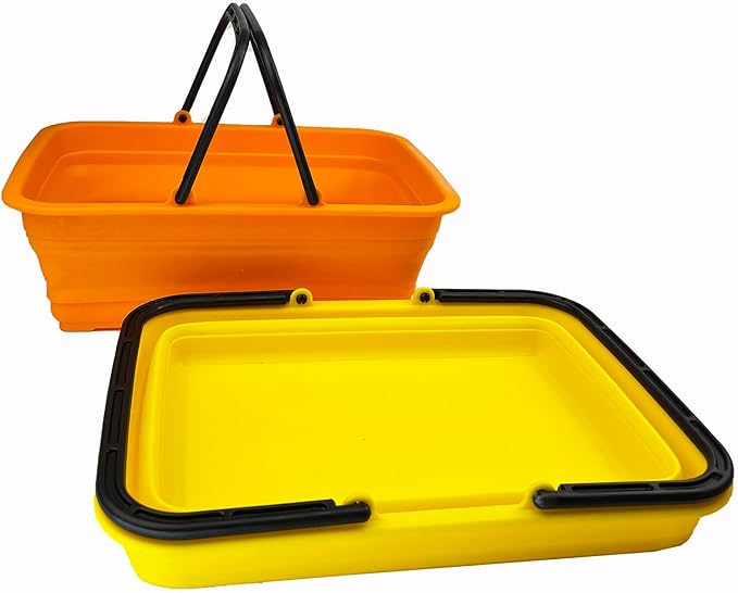 SAMMART Collapsible Basket with Handle 8L (2.1 Gallon) - Portable Outdoor Picnic Basket/Crate - Foldable Basin for Washing Dishes,Camping,Hiking (Golden Yellow + Mandrain Red (Set of 2))