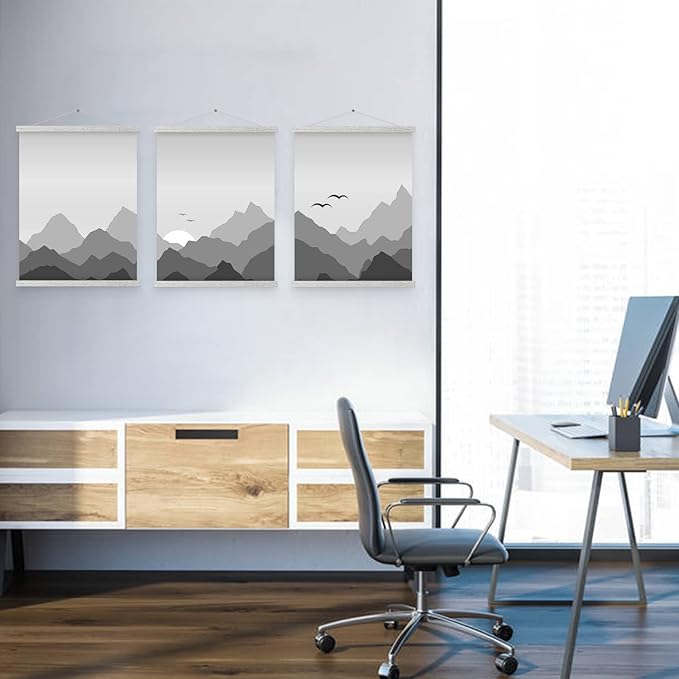 Magnetic Poster Hanger, 14x22 14x20 14x24 Poster Frame Wood Wooden Magnet Print Posters Dowel Scroll Hanger Hangers Hanging Kit for Walls Map Canvas Artwork (Grey, 14")