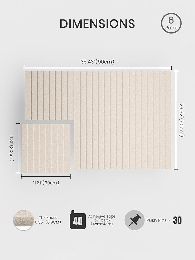 Bumusty Large Cork Board Alternative-36 x24 Felt Bulletin Board Tiles, with 30 Pushpins, 40 Adhesive Tabs, 6-Pack Slat Wall Paneling, Cork Boards for Office Push Pin Board Felt Board-Oatmeal