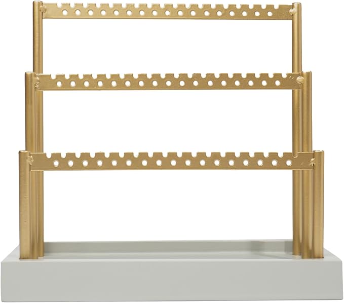 SANY DAYO HOME 3-Tier Earring Holder Organizer Stand, 105 Holes Gold Metal Earring Rack Jewelry Display Tree with Gray Wood Tray for Women and Girls