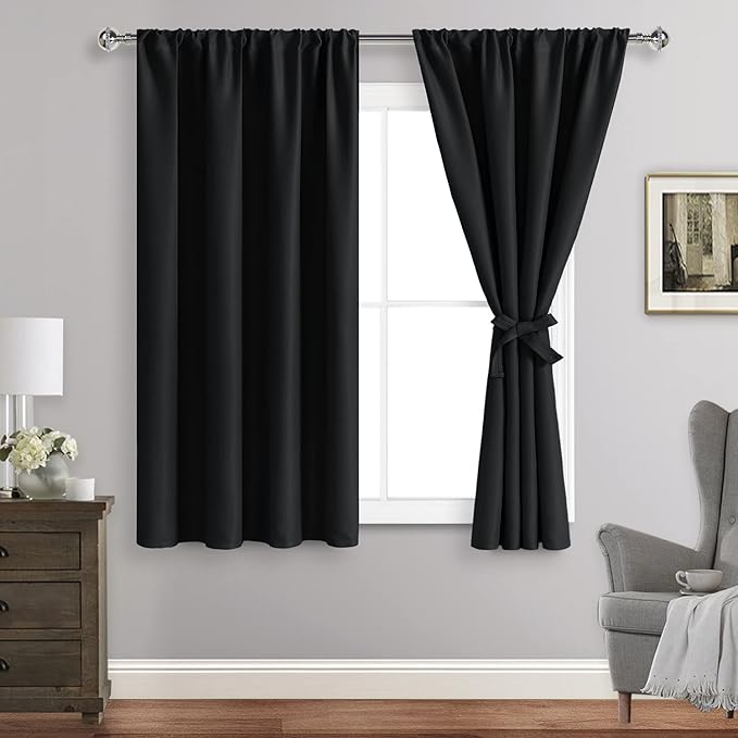 JIUZHEN Blackout Curtains for Bedroom– Thermal Insulated,Noise Reducing Room Darkening Privacy Rod Pocket Drapes for Living Room, Set of 2 Panels with Tiebacks, 42 x 54 inch Long, Black
