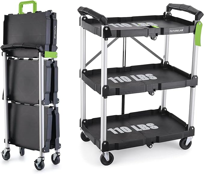 FUTURELAB Portable Folding Service Cart - 3 Tier 330LBS Capacity - Rolling Utility Cart Foldable with Wheels for Warehouse Home Workshops Garages Restaurants Offices (Green)