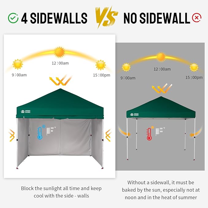 CROWN SHADES 10X10 Comercial Instant Canopy Pop Up Tent with Center Lock, 300D Fabric, 4 Sidewalls, Sto'N Go Bag, Forest Green