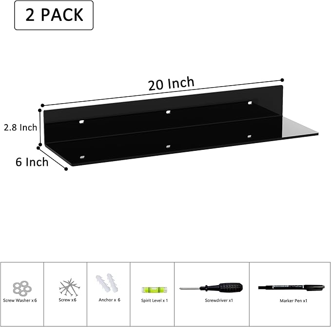 20 Inches Acrylic Wall Shelves 2 Pack, Floating Shelf for Wall Mounting, Acrylic Display Ledges for Funko Pop Figures, Home Décor, Living Room, Gaming Room, Plants(20 inch, Black)