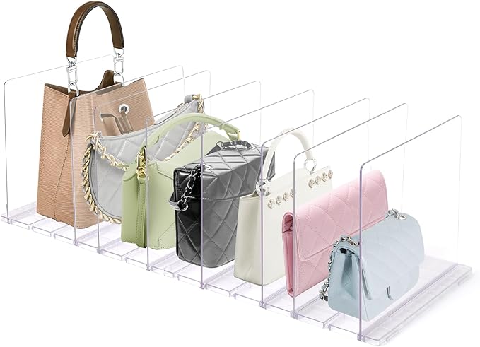 Acrylic Purse Organizer, Purse Storage Rack for Closet Organization, Clear Shelf Divider, Adjustable Clutch Bag Organizer Handbag Dividers Rack, Detachable Separators for Bedroom Bathroom Office