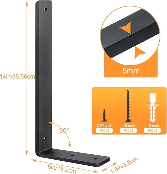 Floating Shelf Bracket 14 Inch, 10 Pack Heavy Duty Shelf Brackets, Black Wall Shelf Bracket for DIY Decorative with Mounting Hardware