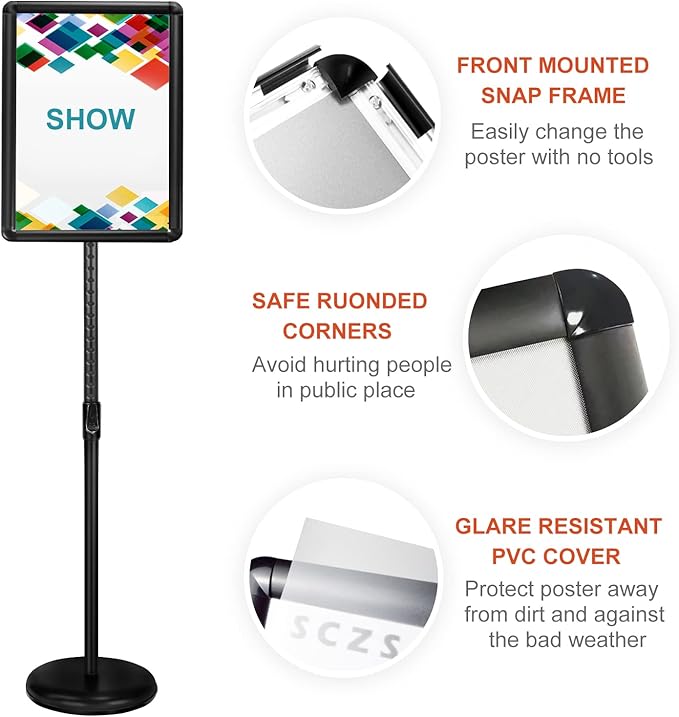 Heavy Duty Floor Sign Stand Adjustable Pedestal Sign Holder Stand, Poster Stand Aluminum Snap Open Frame for 8.5X11 Inches with Heavy Round Base, Both Vertical and Horizontal Sign Displayed