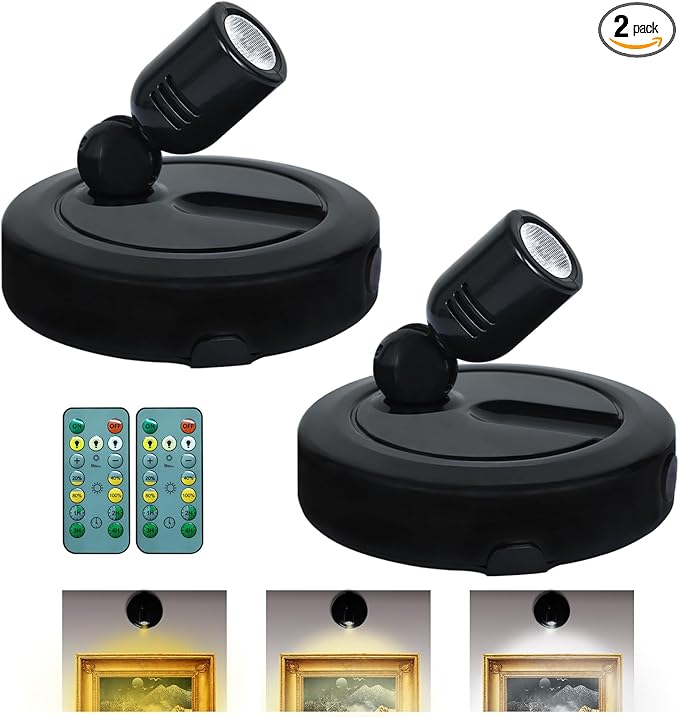 Picture Light Battery Operated, 3 Color Temperatures Picture Light with Remote, Indoor LED Spot Lights for Plants for Wall Frame Dartboard Art Painting Display Accent-Black