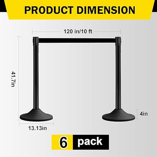 10 ft Crowd Control Stanchion Set, Crowd Control Barrier, Stanchions with Retractable Belts & Base, Retractable Stanchions, Queue Management Stanchion (6 Pack) (Black)