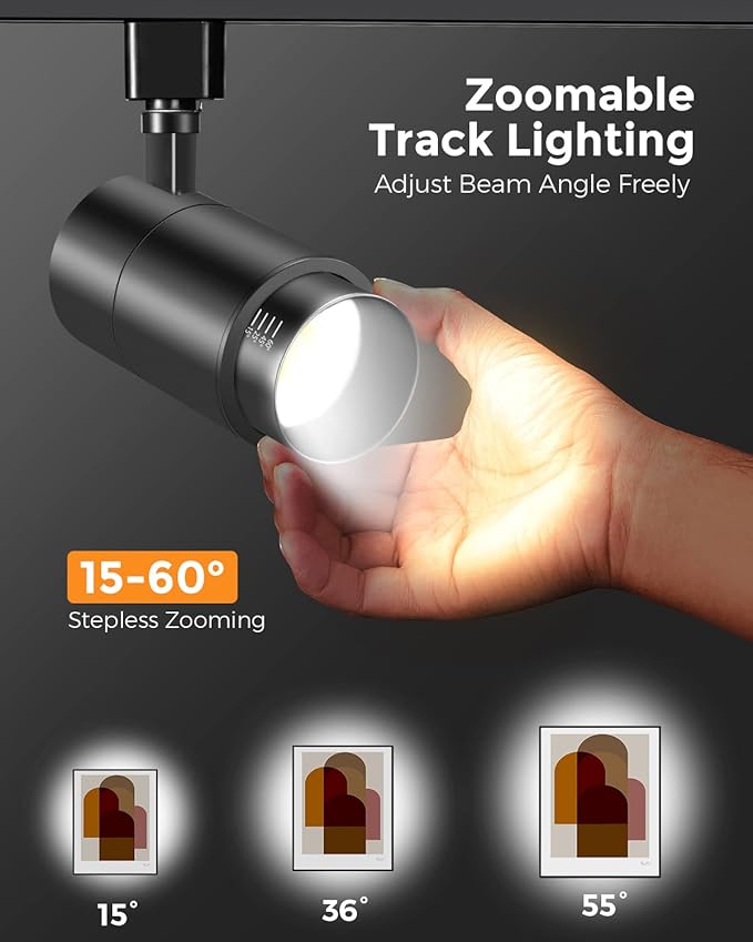 VANoopee 3-Color Zoomable 20W LED Track Lighting Heads H Type Track Light Heads Dimmable Bright Ceiling Spotlight Fixtures for Kitchen, 3000K 4000K 5000K Adjustable, CRI90+ 15°-60° 2000lm Black 3 Pack