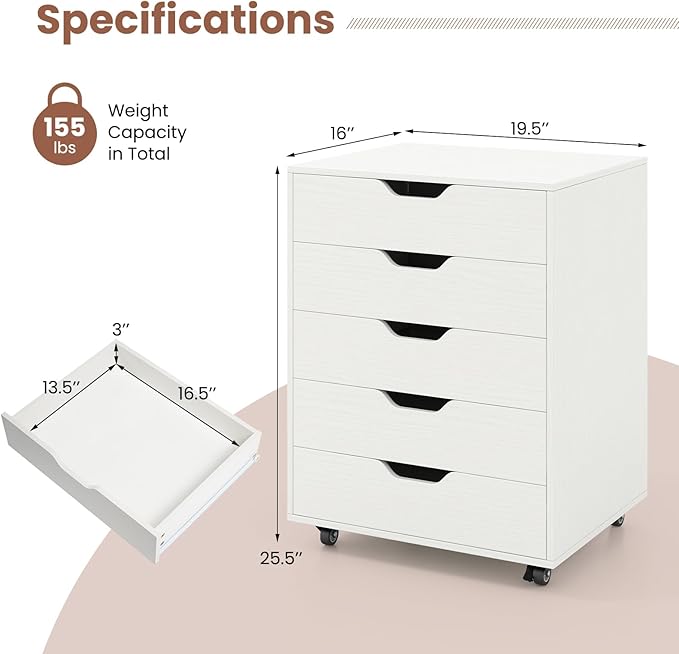 LOKO 5-Drawer Storage Cabinet, Versatile Drawer of Chest with Lockable Wheels, Mobile Office Lateral File Cabinet, for Home Office, Study (White, 16" D x 19.5" W x 25.5" H)