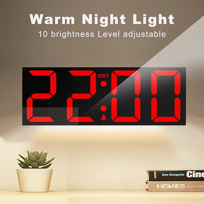 JALL 22'' Large Digital Wall Clock, Big LED Number Dispaly, DST, Night Light for Classroom, Living Room, Bedroom, Mounted, Birthday Xmas Gift for Senior, Mem Womem Mom Dad, Red