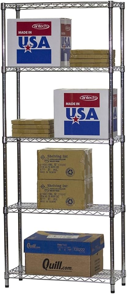 Shelving Inc. 12" d x 30" w x 96" h Chrome Wire Shelving with 5 Tier Shelves, Weight Capacity 800lbs Per Shelf