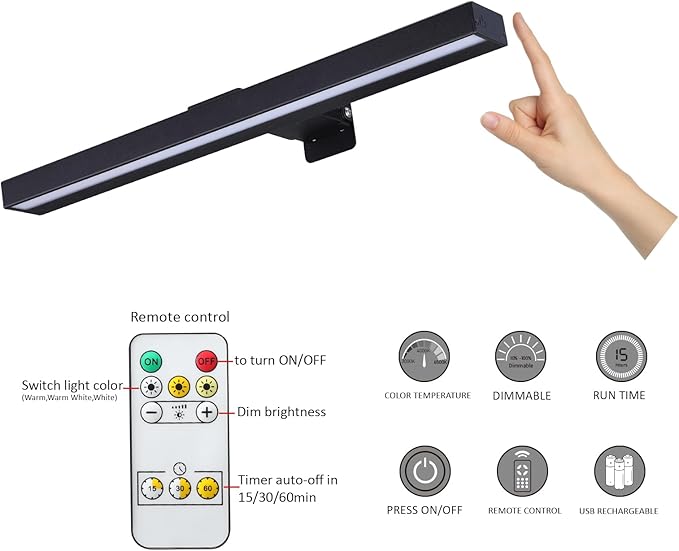 MIOBLUE LED Picture Lights with Remote, 16in Metal Battery Operated Picture Light,Rechargeable Display Lamp,Dimmable Dartboard Light with Timer for Frame Wall Portrait Art, 2Pack