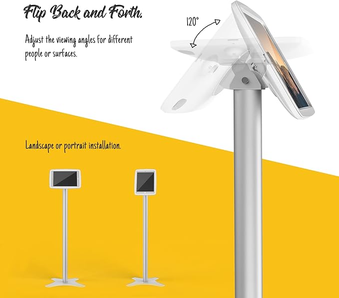 Tablet Kiosk Floor Stand Adjustable - Compatible with 10.2" iPad 7 8 9th, 120 Degree Rotate Lockable Tablet Enclosure+Aluminum Pole+Metal Base