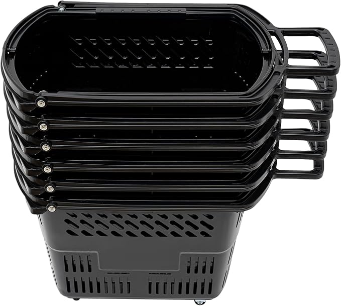 6PCS Shopping Carts with Wheels, 35L Portable Shopping Baskets Set with Handles Grocery Basket for Retail Store, Supermarket, Grocery |19" x 13.7" x 14" (Black)