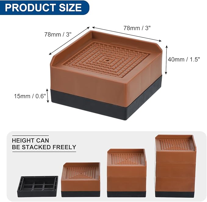 uxcell Furniture Risers 1.5 Inch, 4Pcs Square Bed Risers Adjustable Couch Riser Blocks for Extender for Bed Desk Sofa Table Lift Support Up to 1300Lbs, Brown