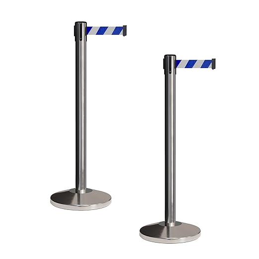 CCW Set of 2 Retractable Belt Barriers Stanchion, Polished Stainless Steel Post, RBB-100 (7.5 Foot Belt, Blue and White Diagonal Belt)