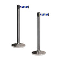 CCW Set of 2 Retractable Belt Barriers Stanchion, Polished Stainless Steel Post, RBB-100 (9 Foot Belt, Blue and White Diagonal Belt)