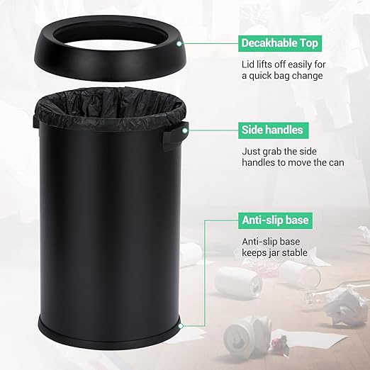 17 Gallon/65L Trash Can, Heavy Duty Stainless Steel Open Top Trash Can, Fingerprint-Proof Round Kitchen Trash Bin, Commercial Garbage Can for Restaurant, Home, Office(Black)