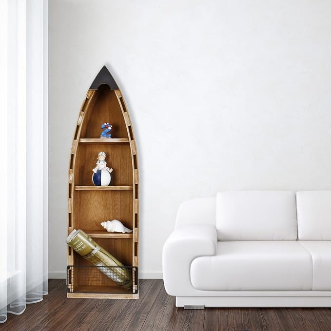 Aecipl Solid Wood Boat Shelf Decorative Nautical Wall Decor Beach Themed Bookcase Large Wooden 4-Tier Display Shelves for Home Kitchen Bedroom Living Room (31.5" H)