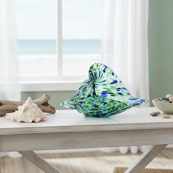 Hand-Blown Glass Conch Sculpture, Green sea Glass Art Shell Statue, Coastal-Themed Room Decor, Table Centerpiece and Cabinet-top Ornament, Creative sea Glass Conch Decoration and Display Piece.