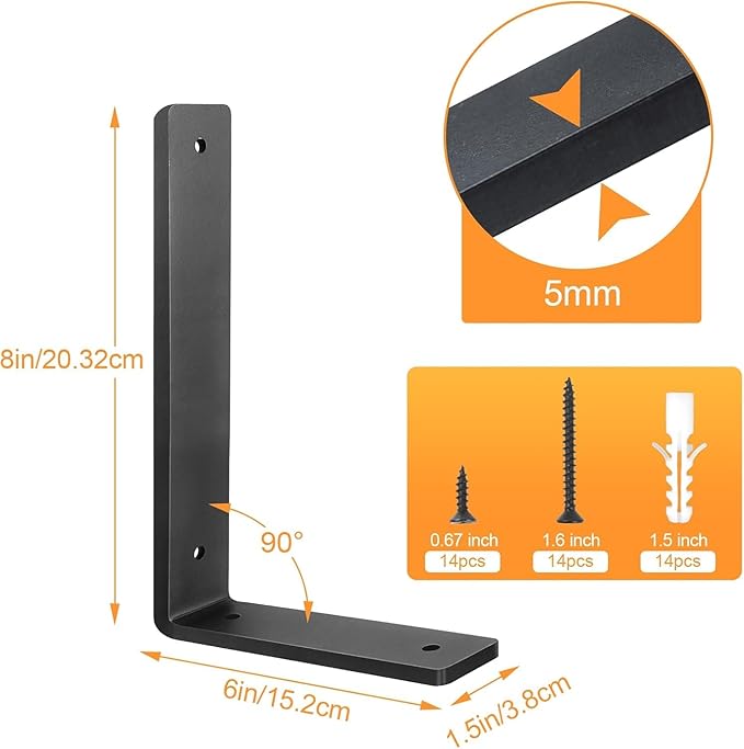 Heavy Duty Shelf Brackets 8 Inch (8 Pack), Rustic L Floating Shelf Brackets, Wall Shelf Bracket for DIY Decorative with Mounting Hardware