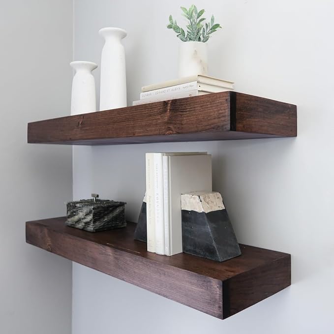 Urbandi Modern Floating Shelves 3 Inches Thick for Wall, Wide Shelves for Kitchen, Living Room, Bedroom, and Bathroom, Natural Pine Wood, Rustic Wooden Shelf, (Set of 2) (Provincial, 36Lx3Hx8D)