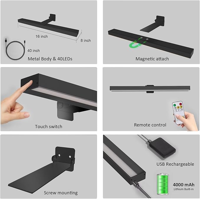 MIOBLUE Cordless Picture Lights with Remote, 16in Metal Battery Operated Picture Light,Rechargeable Display Lamp with 3 Lighting Modes, Dimmable Dartboard Light with Timer for Frame Wall Portrait Art