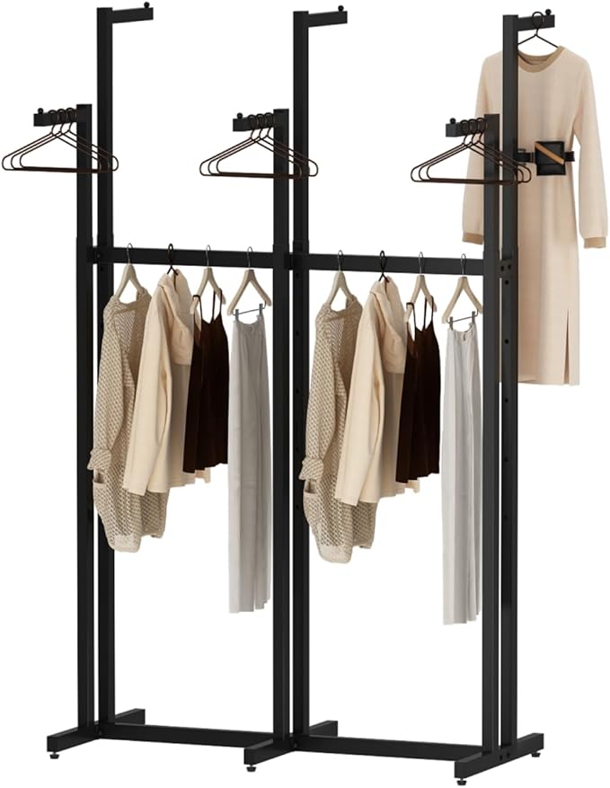 Black Clothes Rack with 6 Straight Arms, Metal Clothing Rack for Hanging Clothes, Freestanding Garment Rack Heavy Duty, 46" to 63" Adjustable Height Retail Clothing Rack for Boutiques Display